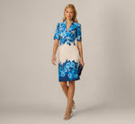 Short Sleeve Floral Border Sheath Dress In Blue Multi 1