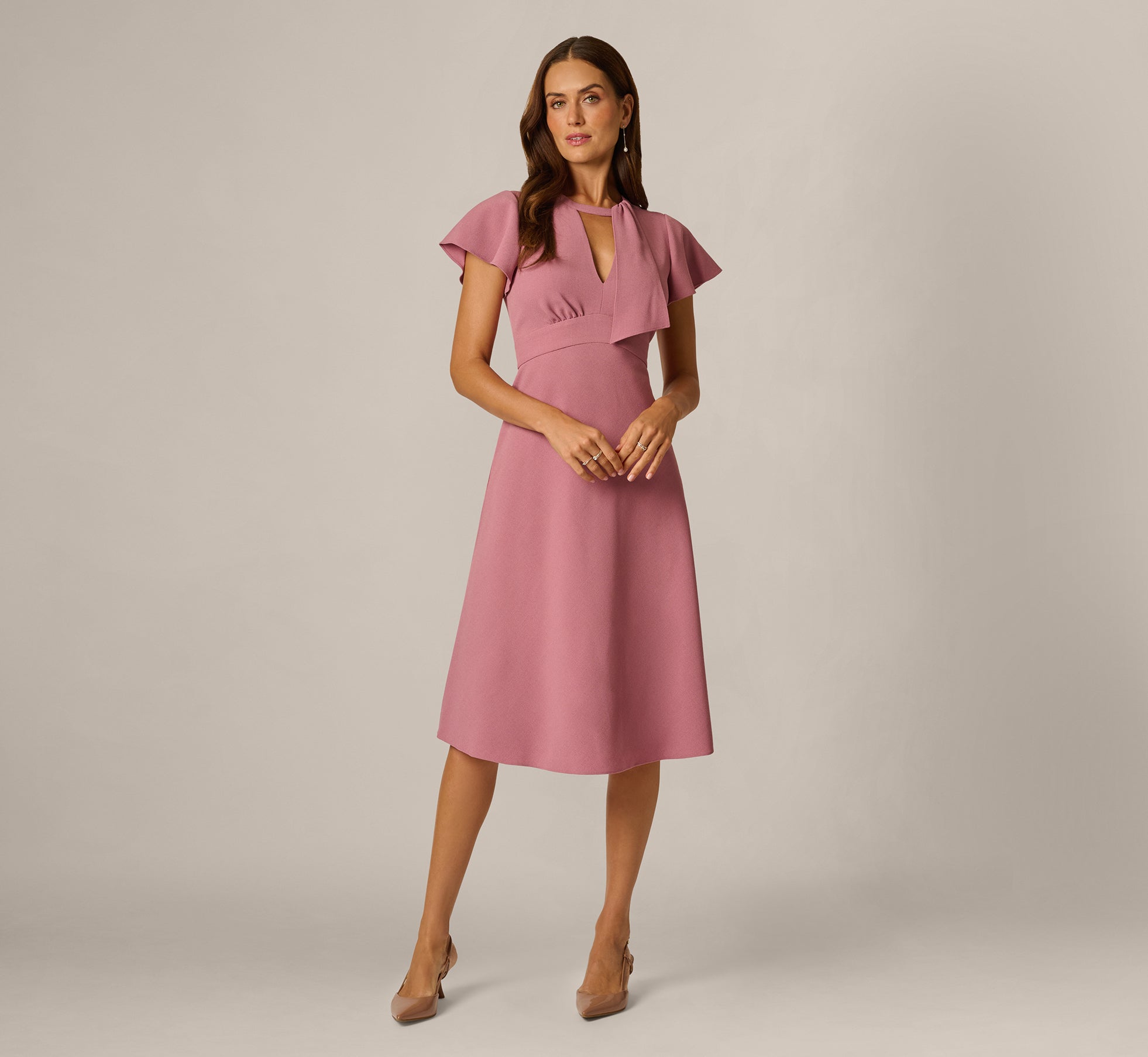 Flutter Sleeve Scarf Neck Midi Dress In Antique Rose 1