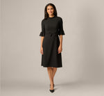 Bell Sleeve Bow Front Ruffle Midi Dress In Black 2