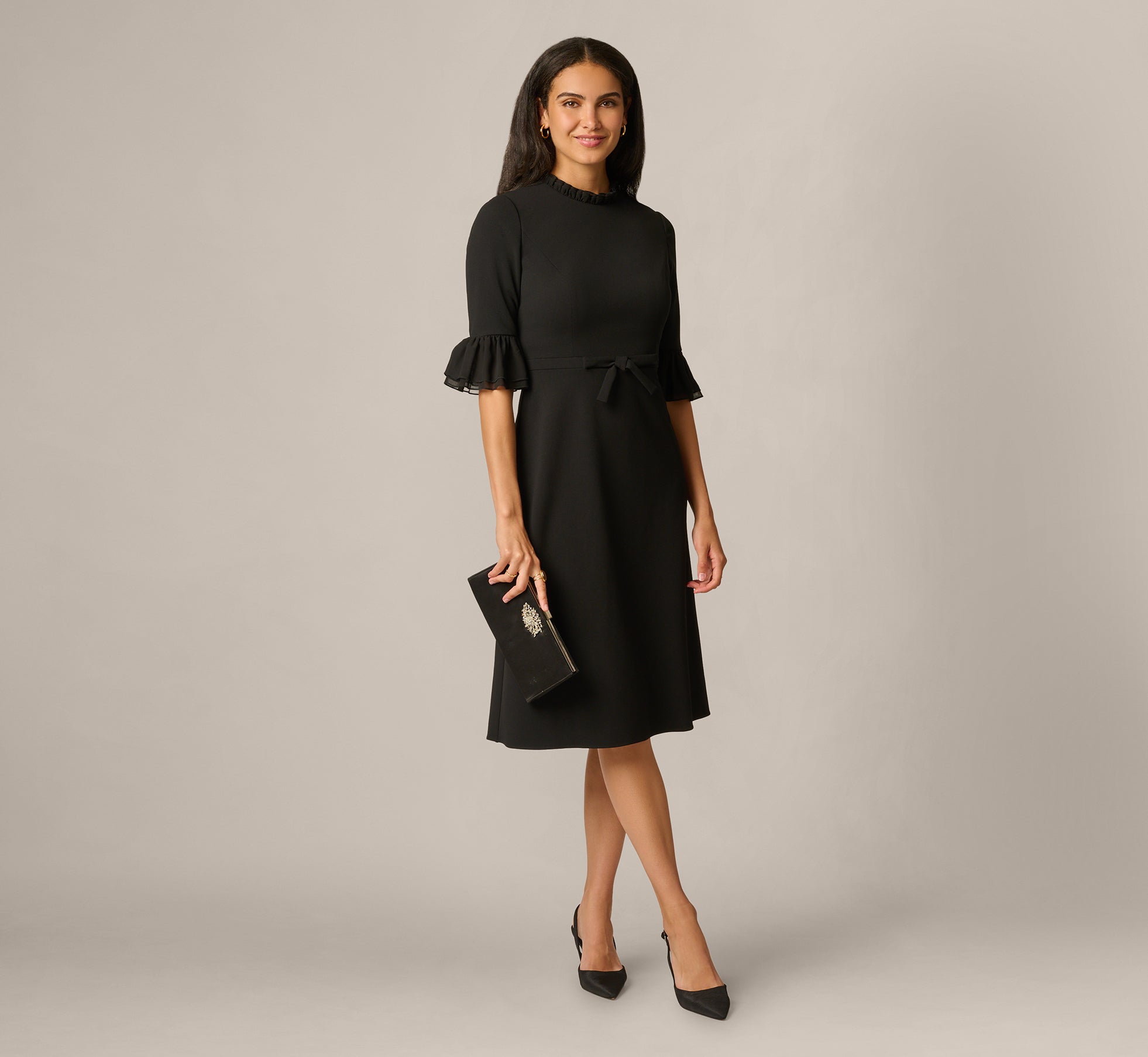 Bell Sleeve Bow Front Ruffle Midi Dress In Black 1