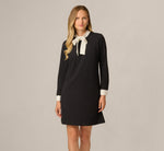 Long Sleeve Bow Collar Stretch Shift Dress In Black Ivory 2