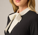Long Sleeve Bow Collar Stretch Shift Dress In Black Ivory 3