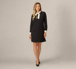 Long Sleeve Bow Collar Stretch Shift Dress In Black Ivory 6