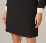 Long Sleeve Bow Collar Stretch Shift Dress In Black Ivory 4