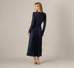 Long Sleeve Ponte Pleated Satin Combo Dress In Midnight 6
