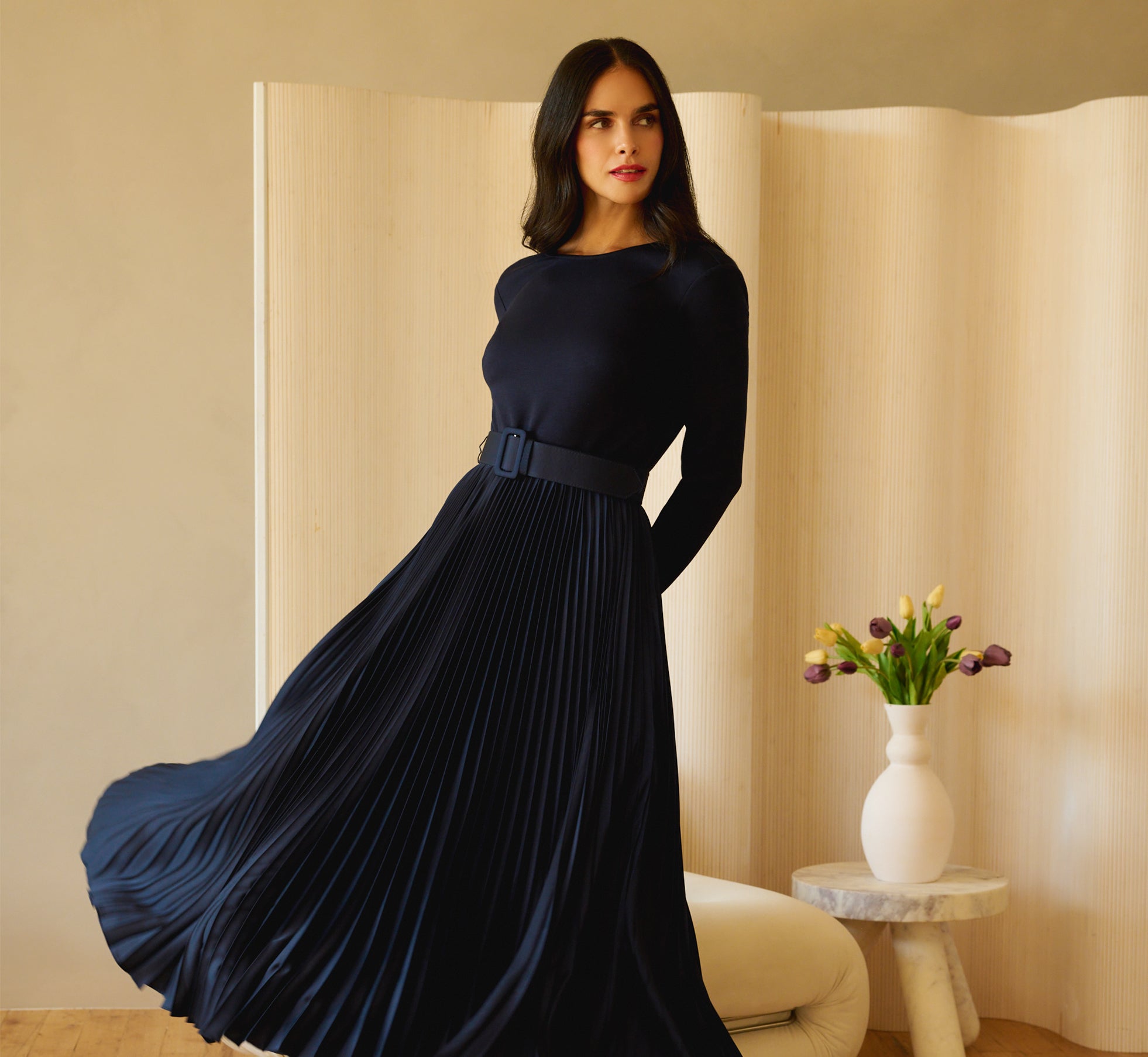 Long Sleeve Ponte Pleated Satin Combo Dress In Midnight 1