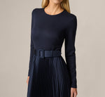 Long Sleeve Ponte Pleated Satin Combo Dress In Midnight 4