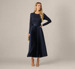 Long Sleeve Ponte Pleated Satin Combo Dress In Midnight 2