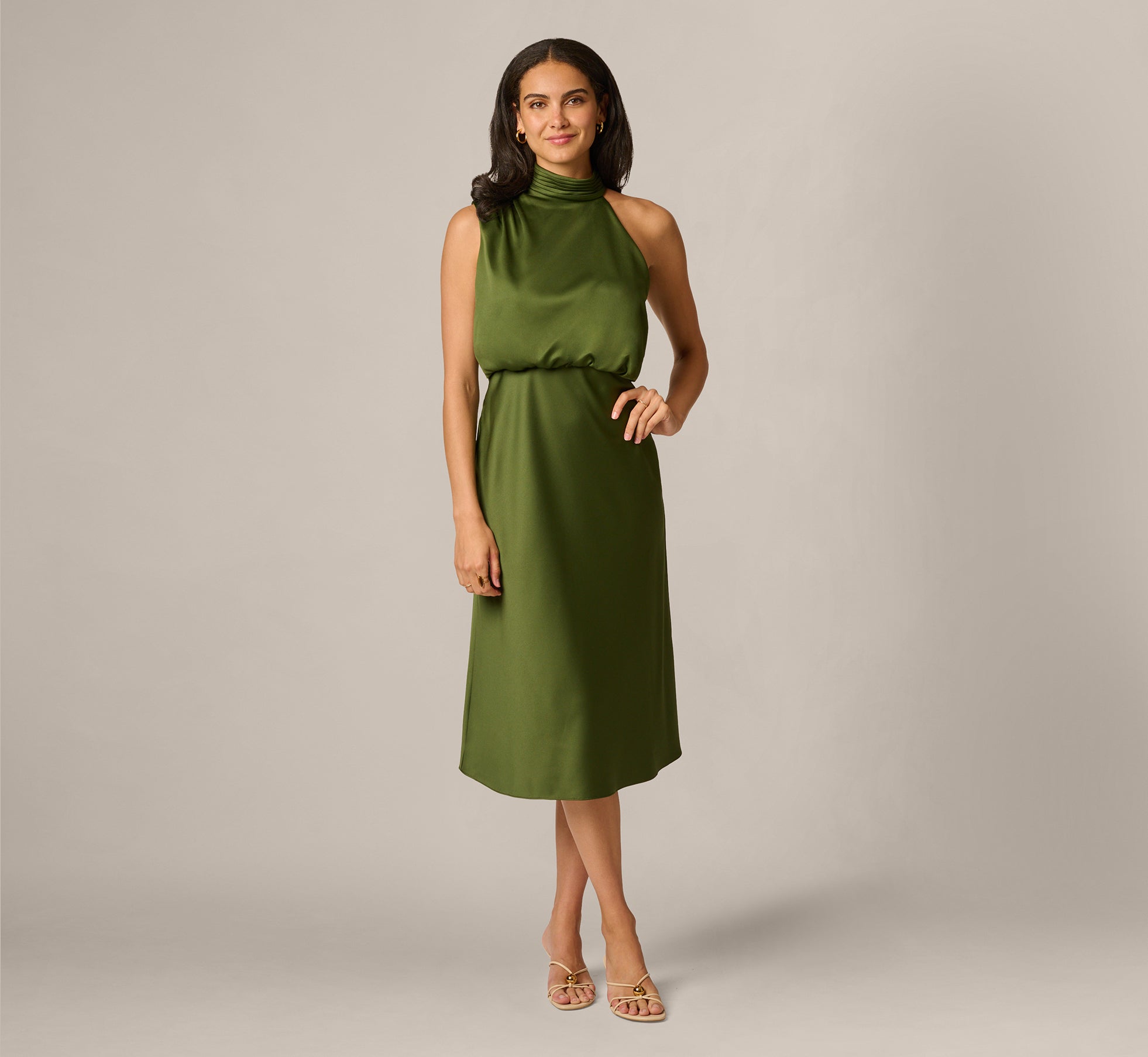 Satin Blouson Halter Midi Dress In Olive Cypress, Olive Cypress / Regular / 20