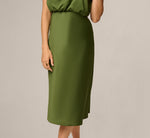 Satin Blouson Halter Midi Dress In Olive Cypress 4