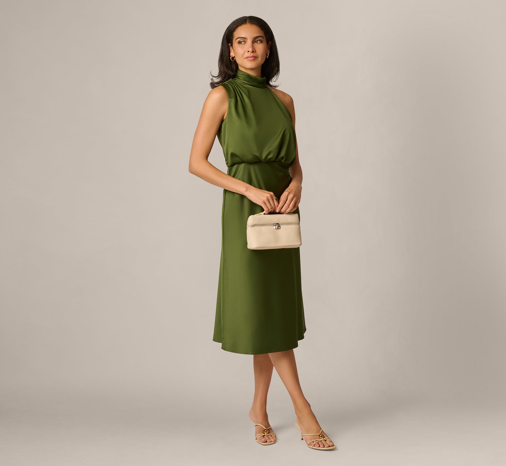 Satin Blouson Halter Midi Dress In Olive Cypress 1