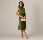 Satin Blouson Halter Midi Dress In Olive Cypress 1
