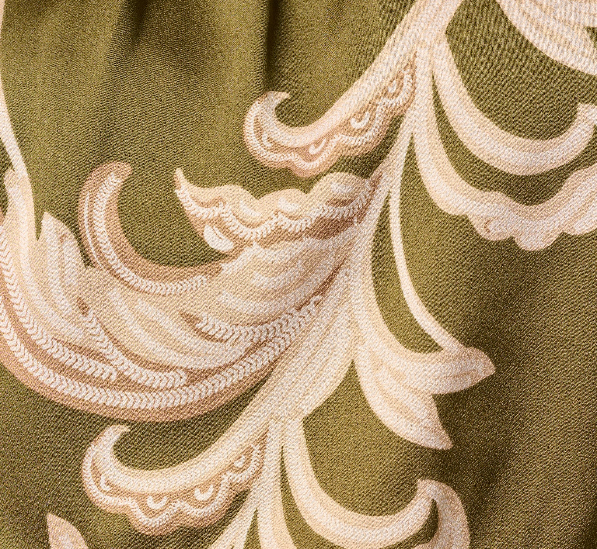 Green Baroque Scroll Print Satin Handkerchief Hem Midi Dress
