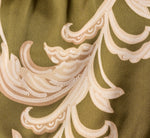 Baroque Scroll Print Satin Handkerchief Hem Midi Dress In Olive Ecru 6