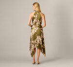 Baroque Scroll Print Satin Handkerchief Hem Midi Dress In Olive Ecru 5