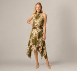 Baroque Scroll Print Satin Handkerchief Hem Midi Dress In Olive Ecru 2