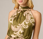 Baroque Scroll Print Satin Handkerchief Hem Midi Dress In Olive Ecru 3