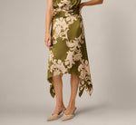 Baroque Scroll Print Satin Handkerchief Hem Midi Dress In Olive Ecru 4