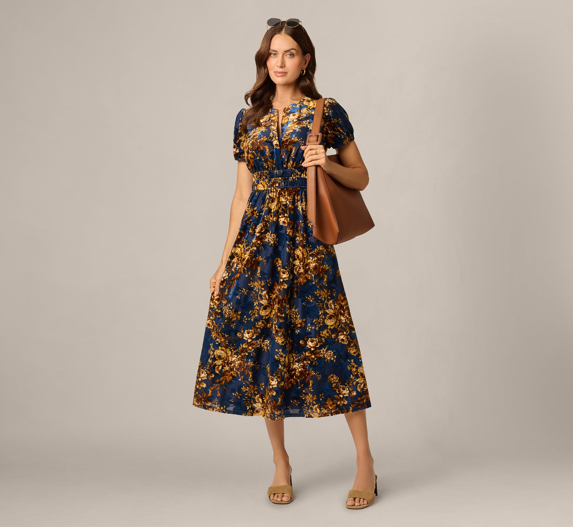 Floral Velvet Sophia Midi Dress In Navy Mustard 1