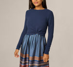 Long Sleeve Twist Waist Midi Amelia Dress In Navy Mustard 3