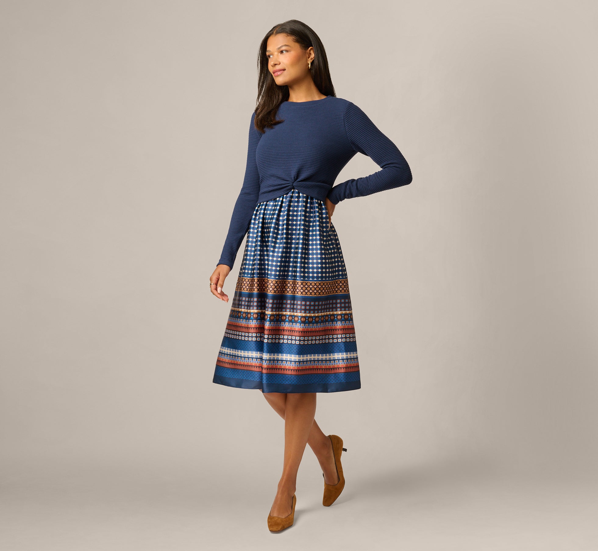 Long Sleeve Twist Waist Midi Amelia Dress In Navy Mustard 1