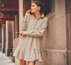 Long Sleeve Tweed Short Hailey Dress In Parchment