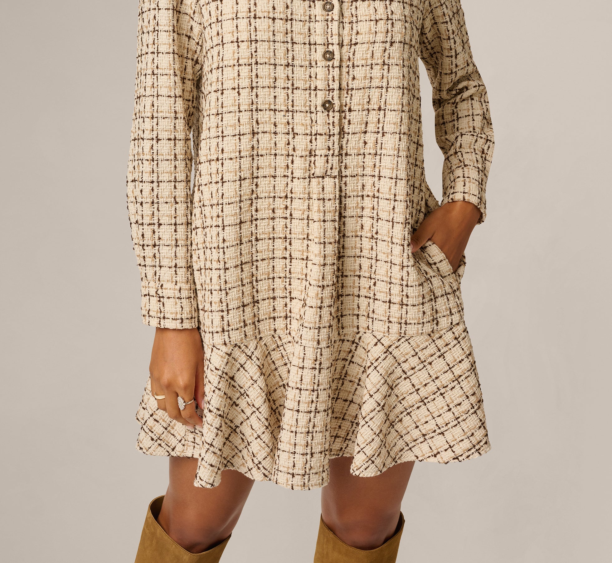 Beige Long Sleeve Tweed Short Hailey Dress - Adrianna Papell