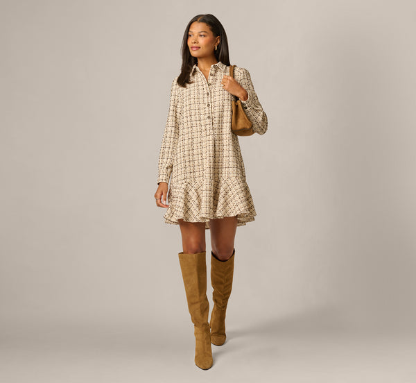 Beige Long Sleeve Tweed Short Hailey Dress - Adrianna Papell