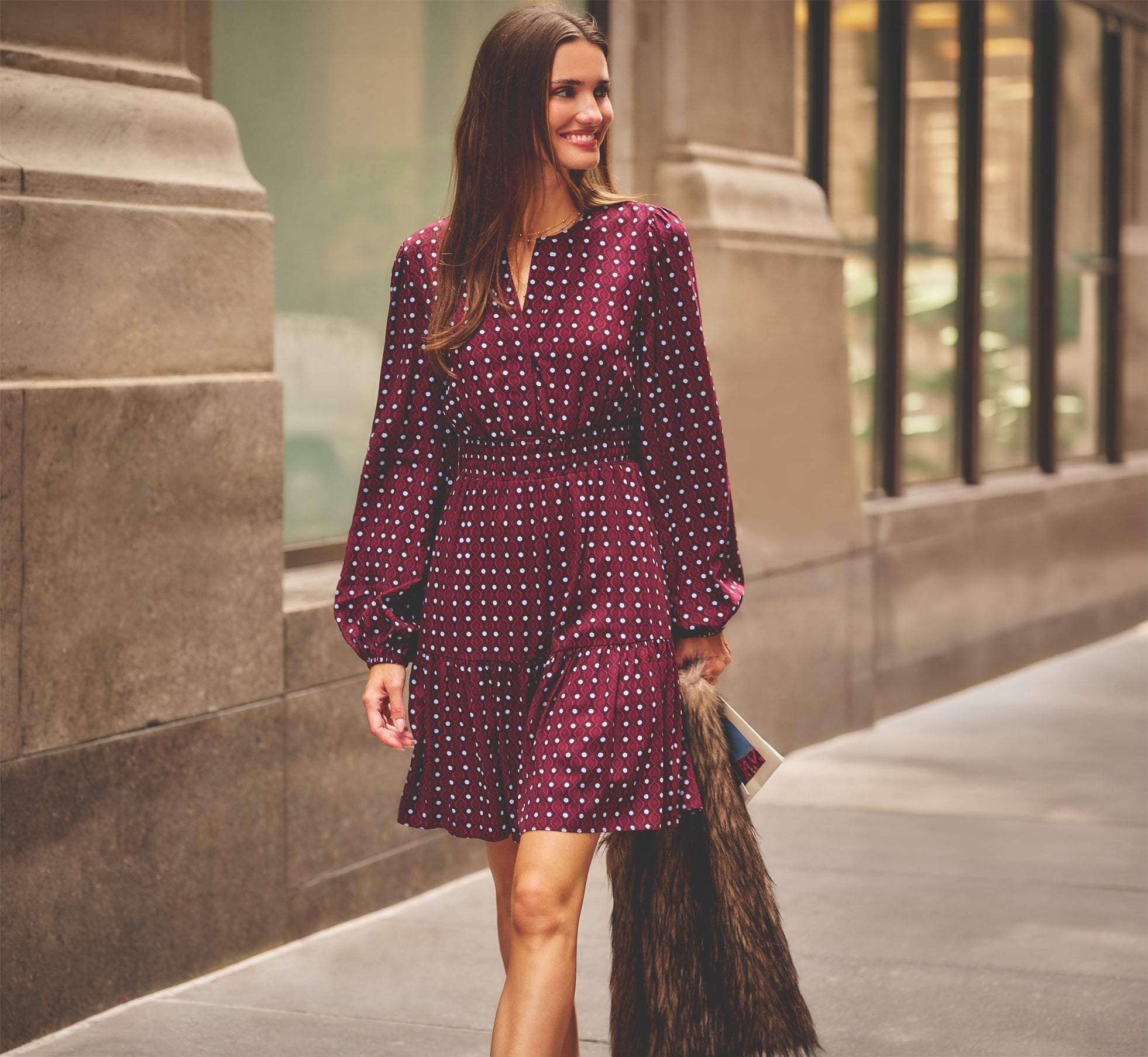 Long Sleeve Geo Printed Short Sophia Dress In Cherry Multi 1