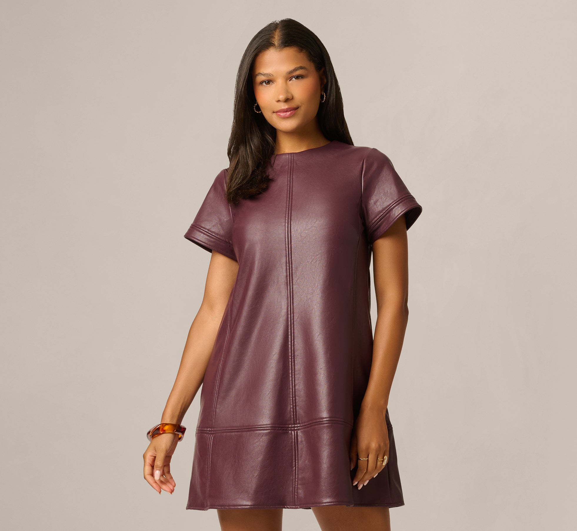 Pink Short Sleeve Faux Leather Everyday Shift Dress
