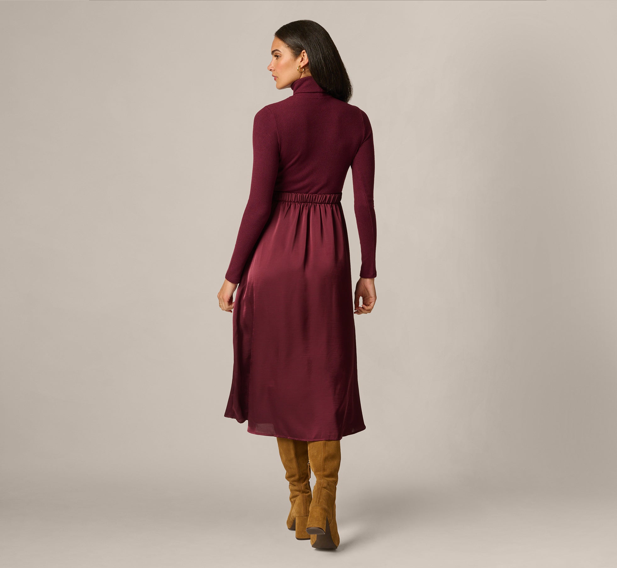 Burgandy Long Sleeve Satin Combo Amelia Midi Dress - Adrianna Papell