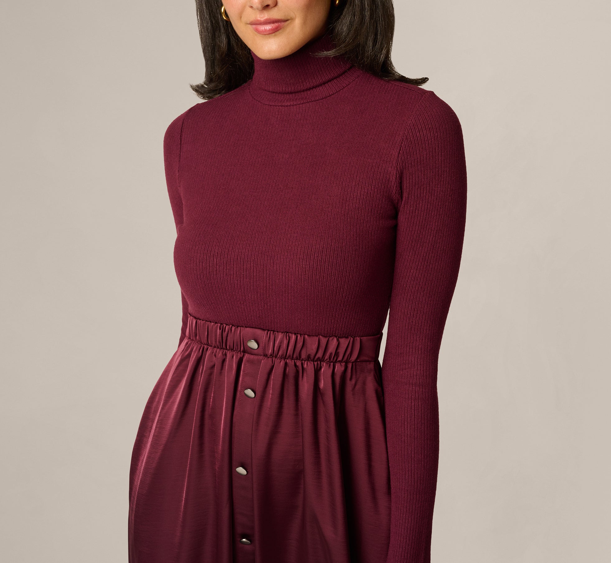 Burgandy Long Sleeve Satin Combo Amelia Midi Dress - Adrianna Papell