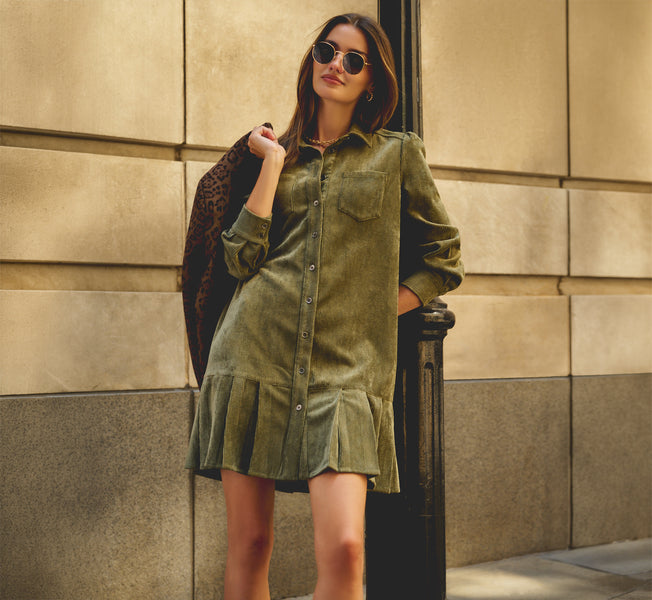 Dark Green Long Sleeve Corduroy Pleated Hem Hailey Dress