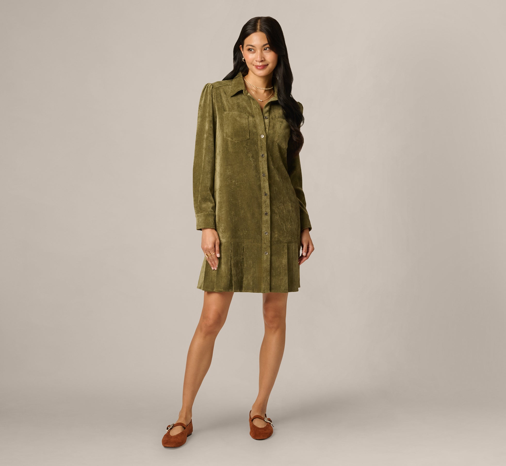 Dark Green Long Sleeve Corduroy Pleated Hem Hailey Dress