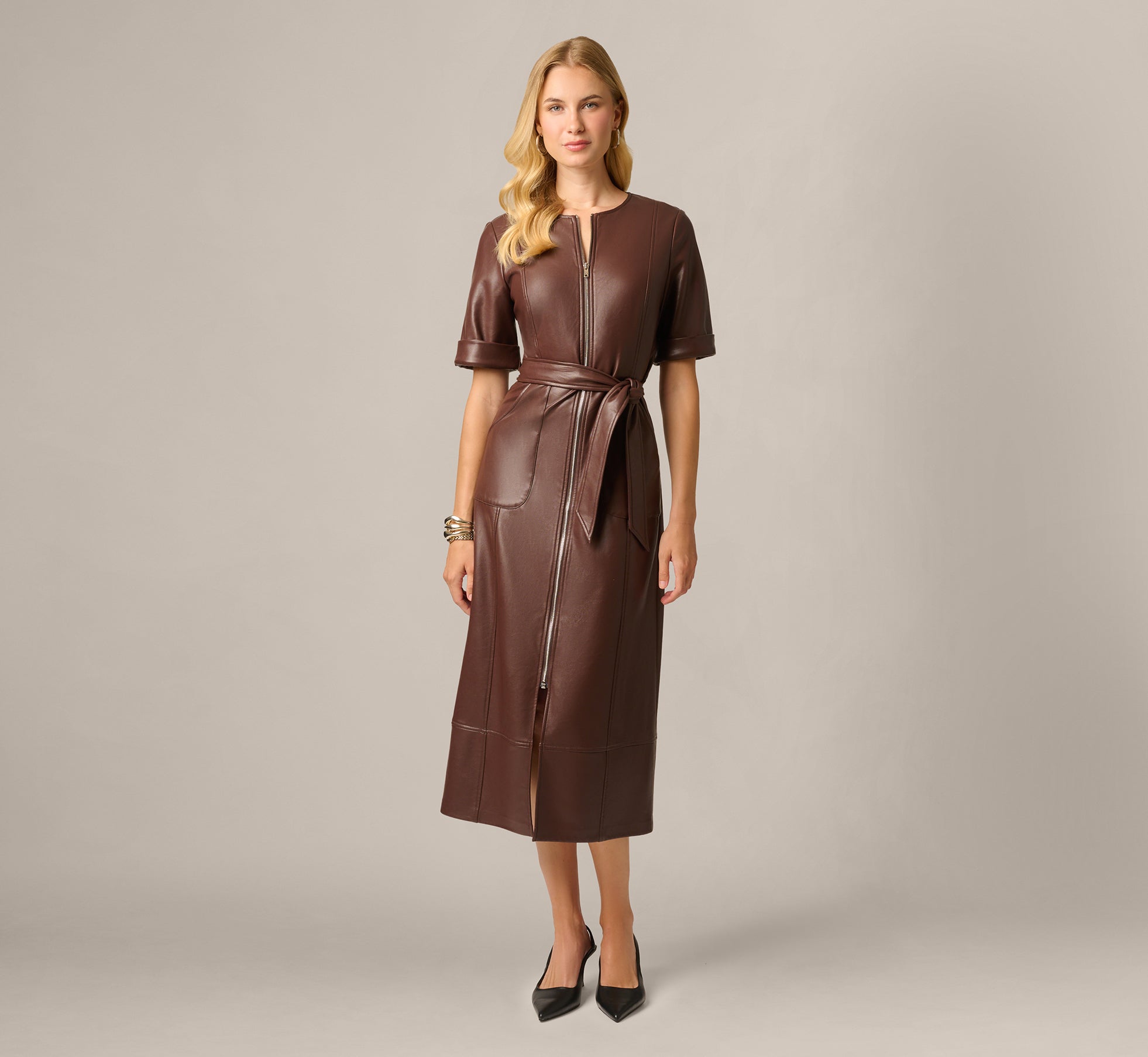 leather midi dress Short Sleeve Faux Everyday In Coffee, Coffee / Regular / 20 QIUOMBBP Women Breastfeeding Dresses white formal mini dress a sleek turtleneck Colour:Vintage Ivory