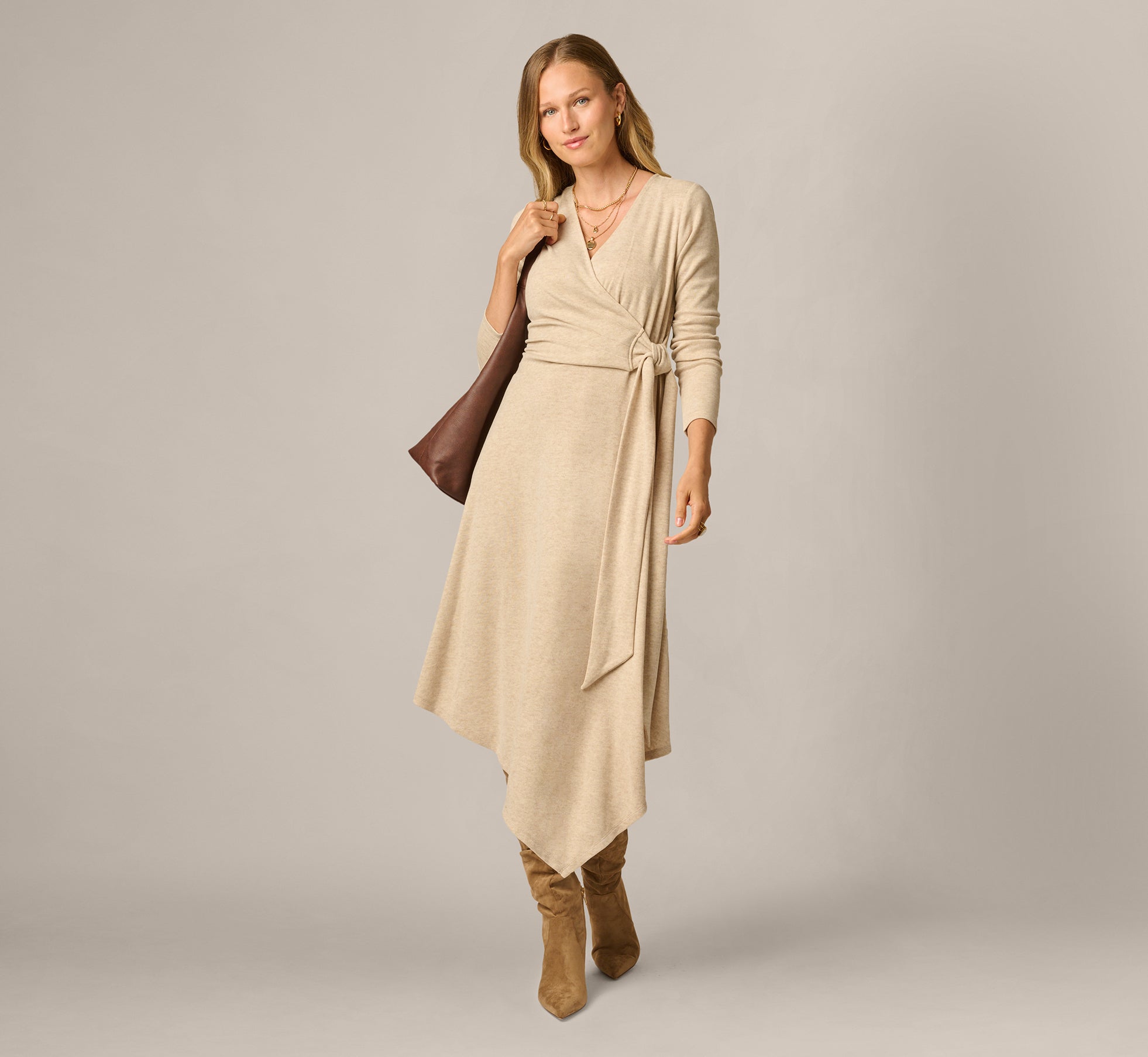 Long Sleeve Asymmetrical Sweater Knit Everyday Dress In Oatmeal Heather 1