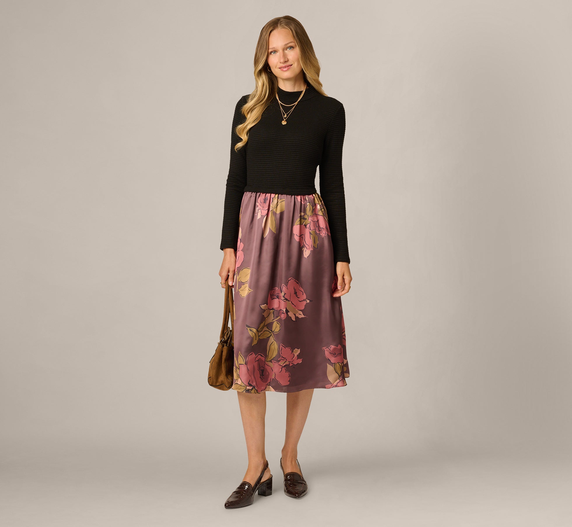 Long Sleeve Floral Satin Amelia Midi Dress In Mocha Multi 1