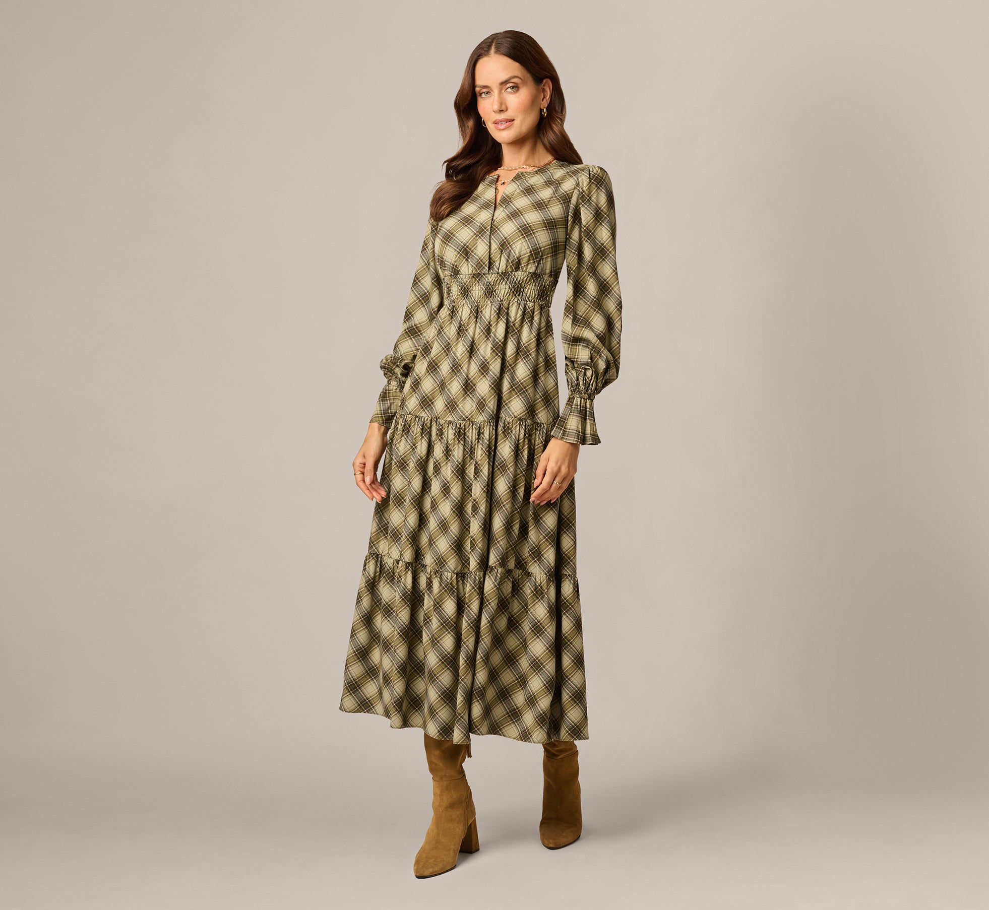 long sleeve plaid dress Virginia Maxi Smocked bust Family Navy & Rust Plaid