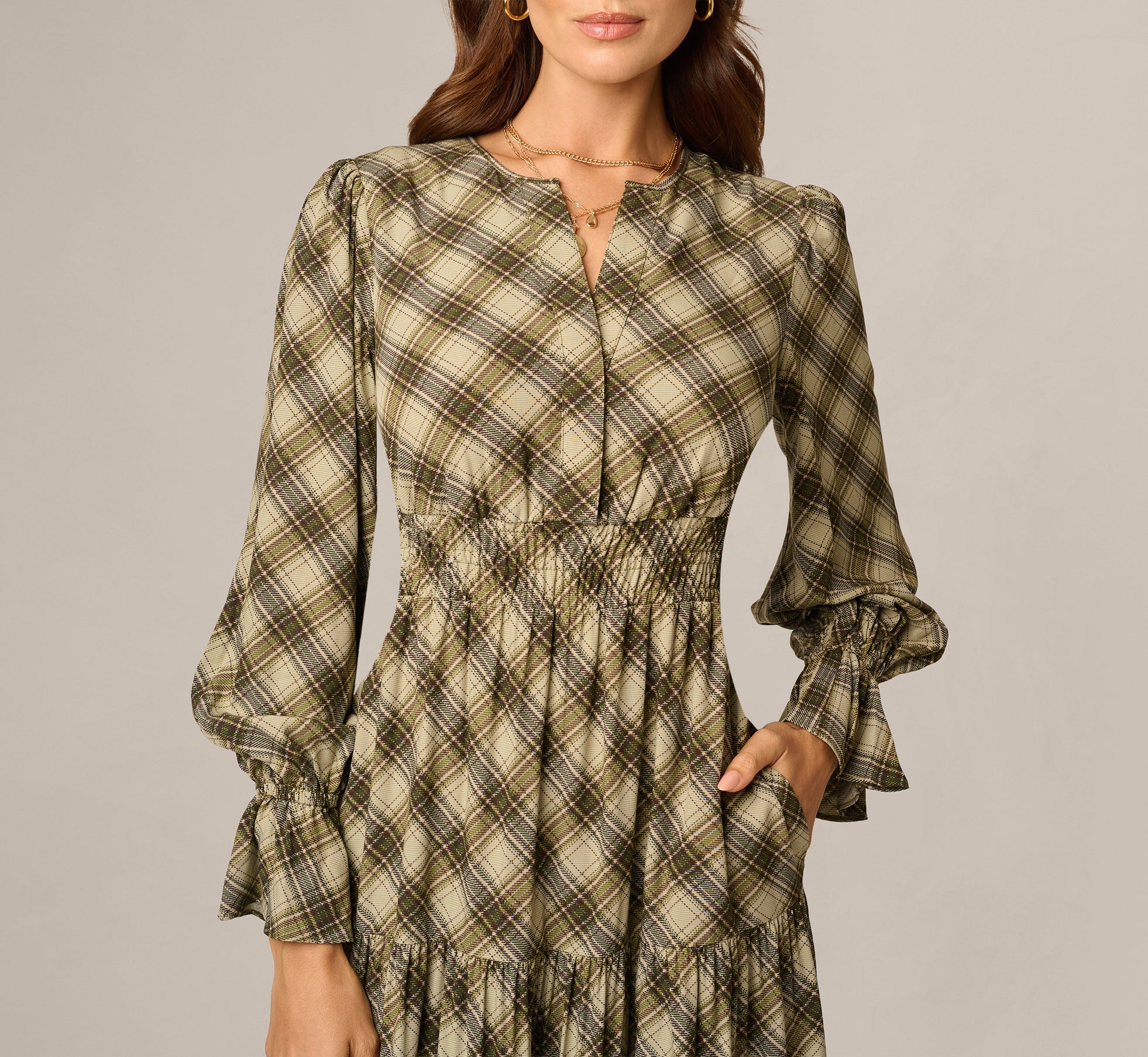 Green Long Sleeve Plaid Sophia Tiered Maxi Dress