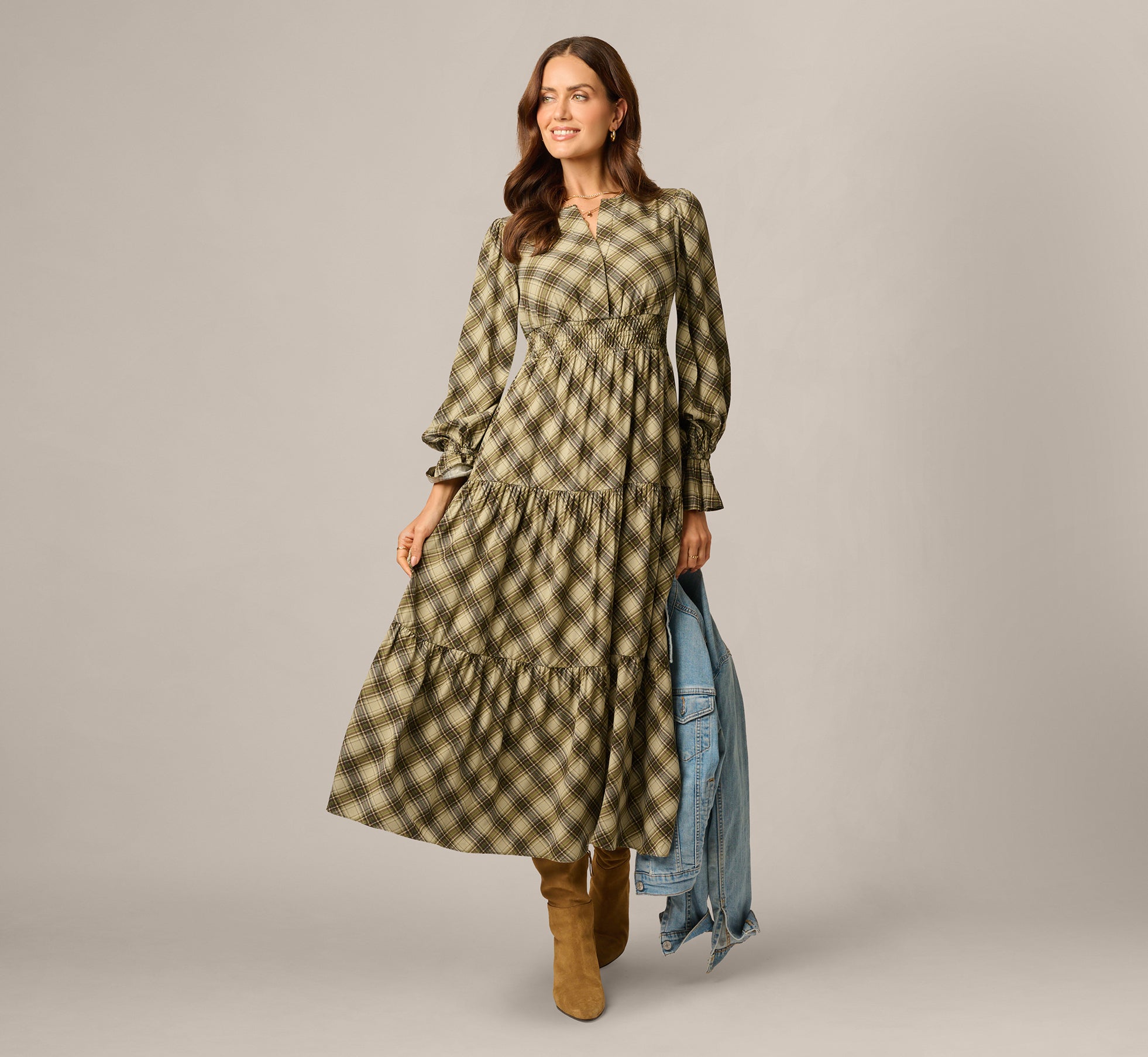 Long Sleeve Plaid Sophia Tiered Maxi Dress In Olive Multi 1
