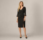 Bell Sleeve Pearly Trim Stretch Sheath Dress In Black 2