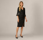 Bell Sleeve Pearly Trim Stretch Sheath Dress In Black 1