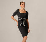 Short Sleeve Contrast Tipped Tie Front Sheath Dress In Black 2