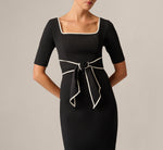 Short Sleeve Contrast Tipped Tie Front Sheath Dress In Black 3