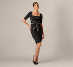 Short Sleeve Contrast Tipped Tie Front Sheath Dress In Black 6