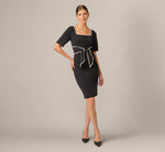 Short Sleeve Contrast Tipped Tie Front Sheath Dress In Black 1