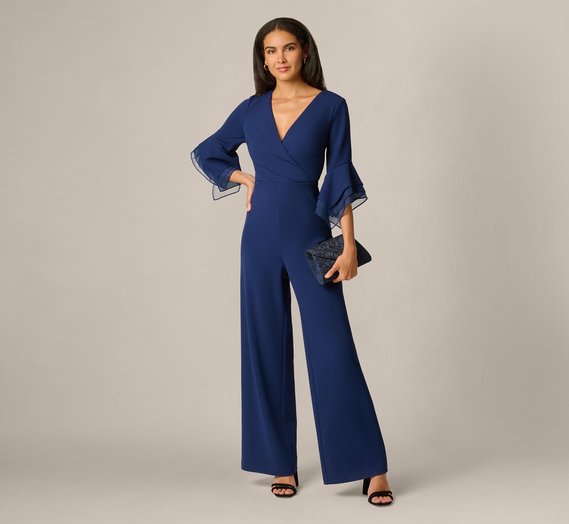 Bell Sleeve Crepe Surplice Jumpsuit In Navy Sateen 1