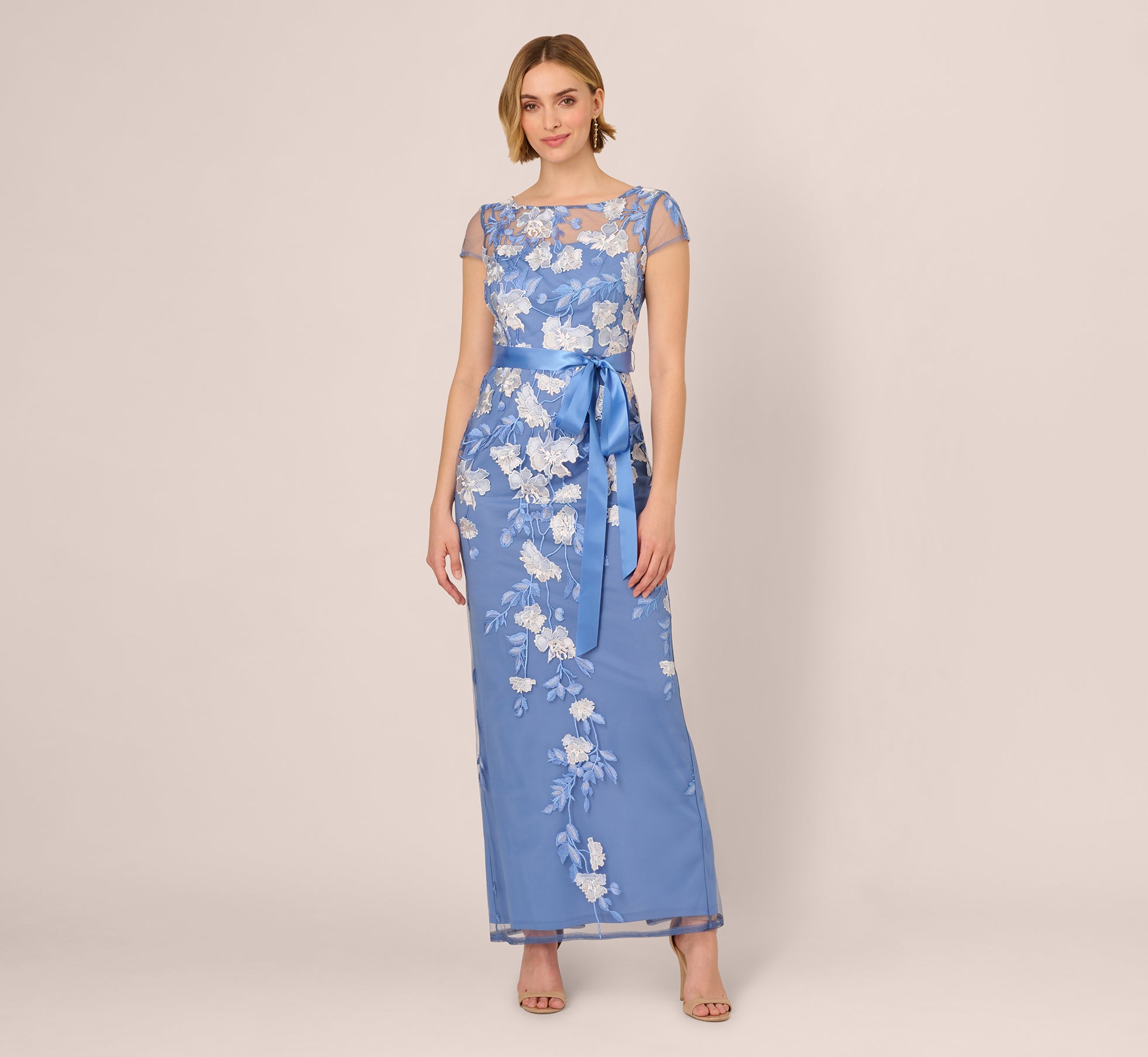 Short Sleeve Floral Embroidered Gown With Ribbon Tie Waist In French Blue Multi