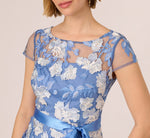 Short Sleeve Floral Embroidered Gown With Ribbon Tie Waist In French Blue Multi 3
