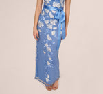 Short Sleeve Floral Embroidered Gown With Ribbon Tie Waist In French Blue Multi 4